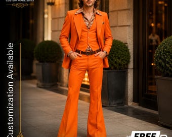 KOSTENFREIER VERSAND | Orange Diskoanzug Herren | 70er Jahre Bell-Bottom Anzug | Retro 3-teiliges Kostüm | Maßgeschneidertes Vintage Outfit