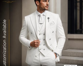 Weißer Frack Herren | Hochzeitsanzug 3-Teiler | Zweireiher Westenanzug | Bräutigam Smoking | Slim Fit Abendkleidung | KOSTENFREIER VERSAND
