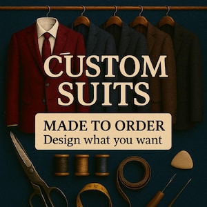 Op de afbeelding: Afbeelding van op maat gemaakte pakken in verschillende kleuren, waaronder bordeauxrood, marineblauw en bruin, hangend aan houten kleerhangers. De tekst luidt "CUSTOM SUITS MADE TO ORDER Design what you want". Naai-attributen zijn ook zichtbaar.