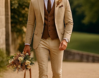 Traje de hombre beige de 3 piezas a medida con chaleco marrón / Traje de boda entallado con solapa de muesca / Traje de novio a medida / Traje formal hecho a mano