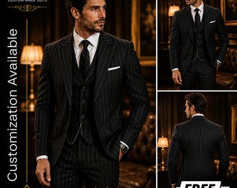 KOSTENFREIER VERSAND | Schwarzer Nadelstreifen 3-Teiler Herren | Hochzeit Bräutigam Anzug | Business Anzug | Maßgeschneiderte Slim Fit Anzug