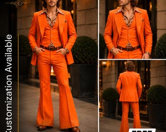 KOSTENFREIER VERSAND | Orange Diskoanzug Herren | 70er Jahre Bell-Bottom Anzug | Retro 3-teiliges Kostüm | Maßgeschneidertes Vintage Outfit