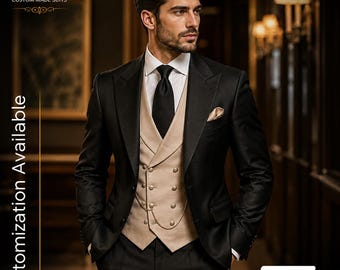 Schwarzer Frack Herren | Champagner Weste Anzug | 3-teiliger Hochzeits-Smoking | Bräutigam Anzug Herren | Maßgeschneiderte Abendgarderobe | KOSTENFREIER VERSAND