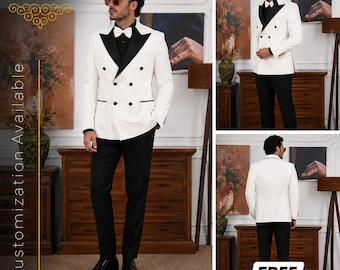 FREE SHIPPING | White Double Breasted Tuxedo | Black Satin Peak Lapel Suit | Groom Wedding Tuxedo | Slim Fit Formal Prom Outfit