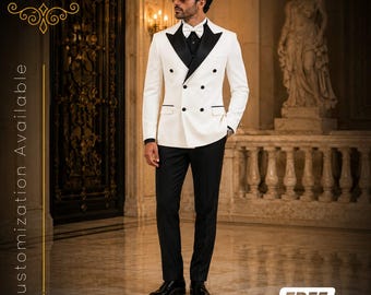 FREE SHIPPING | White Double Breasted Tuxedo | Black Satin Peak Lapel Suit | Groom Wedding Tuxedo | Slim Fit Formal Prom Outfit