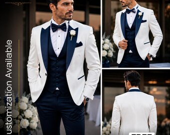 Weiß & Marineblau Smoking Herren | Hochzeitsanzug 3-Teiler | Bräutigam Smoking | Slim Fit Anzug | Maßangefertigter Smoking | KOSTENFREIER VERSAND