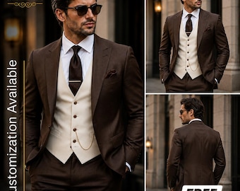 KOSTENFREIER VERSAND | brauner 3-Teiler Herren | Beige Weste Hochzeitsanzug | Bräutigam Anzug Herren | Maßgeschneiderte Slim Fit Abendkleidung