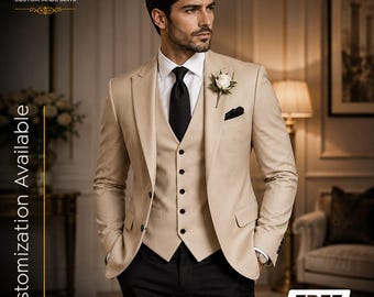 Beige 3-Teiler Herren | Hochzeit Bräutigam Anzug | Slim Fit Smoking | Schwarzer Hosenanzug | Maßgeschneiderte Abendgarderobe | KOSTENFREIER VERSAND