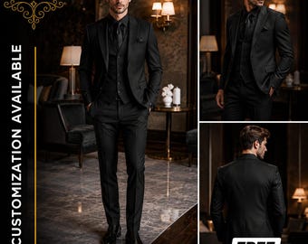 FREE SHIPPING | Men's Black 3 Piece Suit | Black Wedding Tuxedo | Slim Fit Groom Suit | Custom Tailored Suit | Groomsmen Suit | Prom Suit |