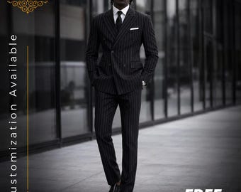 KOSTENFREIER VERSAND | Schwarzer Nadelstreifen Zweireihiger Anzug Herren | Hochzeit Bräutigam Anzug | Luxus Abendkleidung | Business Anzug Herren | Maßgeschneiderte Männer
