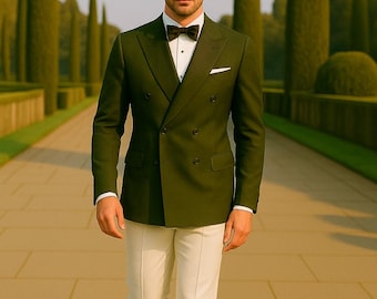 メンズダークグリーンダブルブレストスーツ – エレガントなテーラード