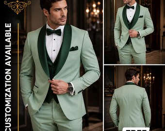 FREE SHIPPING | Sage Green 3 Piece Tuxedo for Men | Wedding Groom Suit | Groomsmen Suit | Custom Tailored Suit | Slim Fit Formal Wear