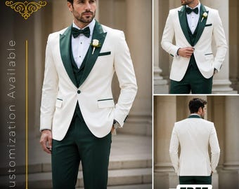 FREE SHIPPING | Off White & Hunter Green 3 Piece Suit for Men | Wedding Groom Suit | Groomsmen Suit | Custom Tailored Suit