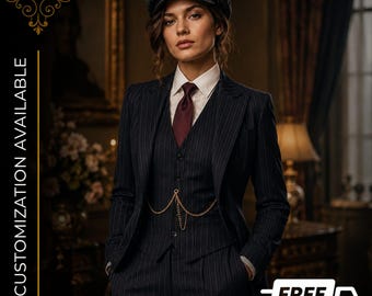 May include: A dark navy pinstripe three-piece suit featuring a blazer, a button-up vest with a gold pocket watch chain, and a white collared shirt with a dark red tie. The ensemble is paired with a dark grey flat cap, creating a formal look.