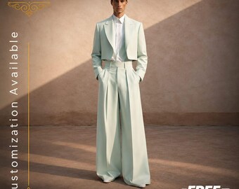 KOSTENFREIER VERSAND | Mintgrüner Cropped Anzug Herren | Hosenanzug mit weitem Bein | Hochzeit Bräutigam Outfit | Designer Statement Herrenmode | Moderne Tailored Sui