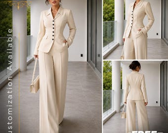 KOSTENFREIER VERSAND | Creme Hosenanzug Frauen | Weites Bein Hosenanzug Set | Elegantes Blazer-Outfit | Hochzeits-Gastanzug | Business Anzug Damen