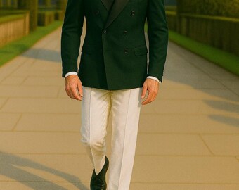 メンズグリーンダブルブレストスーツ：スリムフィットヴィンテージ