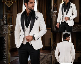 FREE SHIPPING | White Brocade Tuxedo for Men | 3 Piece Wedding Tuxedo | Groom Suit | Black Shawl Lapel Suit | Slim Fit Designer Suit
