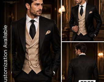 Schwarzer Frack Herren | Champagner Weste Anzug | 3-teiliger Hochzeits-Smoking | Bräutigam Anzug Herren | Maßgeschneiderte Abendgarderobe | KOSTENFREIER VERSAND
