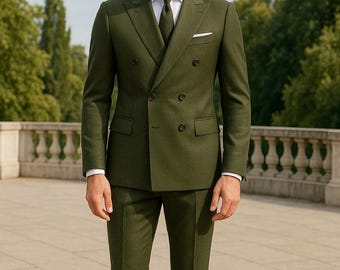 天*読様 オリーブグリーンダブルブレストスーツセットアップヴィンテージ 結婚式やフォーマルな場に最適なオリーブグリーンのダブルブレスト