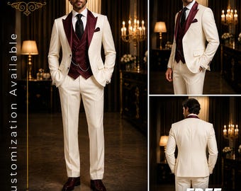 KOSTENFREIER VERSAND | Ivory Burgundy Herren Smoking | Hochzeit Bräutigam Anzug | 3-teiliges Smoking Set | Schal Revers Anzug | Zweireihige Weste
