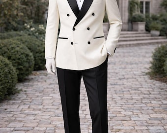 Ivory Double Breasted Tuxedo for Men – Slim Fit Black Lapel Wedding Groom Suit | Custom Tailored Handmade Luxury Formal Wear