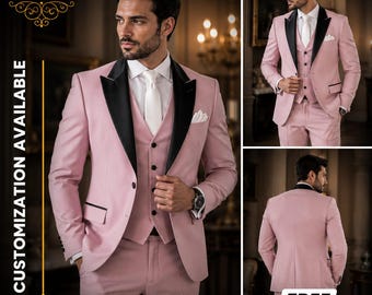 FREE SHIPPING | Pink Tuxedo Suit for Men | 3 Piece Wedding Suit | Blush Pink Groom Tuxedo | Black Lapel Prom Suit | Slim Fit Designer Suit