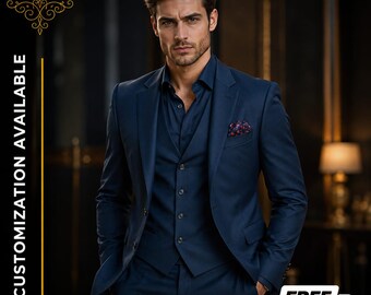 FREE SHIPPING | Handmade Blue Tuxedo Suit | Men's 3 Piece Wedding Suit | Blue Groom Suit | Slim Fit Tuxedo | Custom Tailored Suit