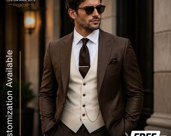 KOSTENFREIER VERSAND | brauner 3-Teiler Herren | Beige Weste Hochzeitsanzug | Bräutigam Anzug Herren | Maßgeschneiderte Slim Fit Abendkleidung