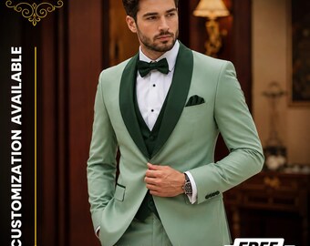 FREE SHIPPING | Sage Green 3 Piece Tuxedo for Men | Wedding Groom Suit | Groomsmen Suit | Custom Tailored Suit | Slim Fit Formal Wear