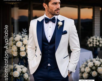 Weiß & Marineblau Smoking Herren | Hochzeitsanzug 3-Teiler | Bräutigam Smoking | Slim Fit Anzug | Maßangefertigter Smoking | KOSTENFREIER VERSAND