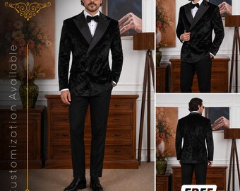 FREE SHIPPING | Black Velvet Tiger Print Tuxedo | Double Breasted Satin Lapel Suit | Luxury Groom Wedding Tuxedo | Designer Prom Blazer