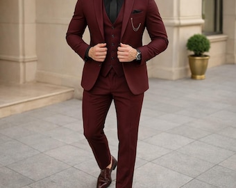 Weinroter 3-Teiliger Slim Fit Anzug | Maßgeschneiderter Hochzeits-Smoking