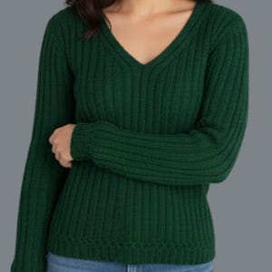 May include: A dark green, ribbed knit sweater with a V-neck. The long-sleeved top is made of a soft material and is a solid color. The sweater is a classic style.