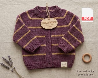 Baby Raglan Cardigan Knitting Pattern | Striped Bobble Button Sweater (PDF)
