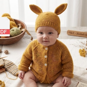 May include: A mustard yellow knitted baby cardigan with long sleeves and four white buttons down the front, paired with a matching knitted hat featuring two upright rabbit ears. A white PDF icon is visible in the upper left corner of the image.