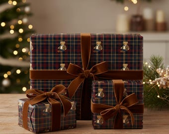 Rollo de papel de regalo PreppyTartan • Papel de regalo navideño con estampado de osito de peluche a cuadros • Rollo de papel de regalo navideño Preppy de lujo