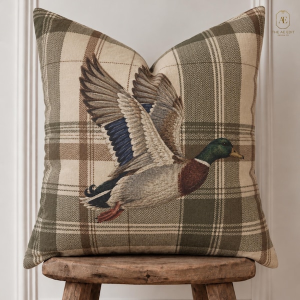Mallard Duck Plaid Pillow Cover, Flying Duck Throw Pillow, Traditional Sporting Lodge Decor, Country Cabin Faux Suede Cushion Cover