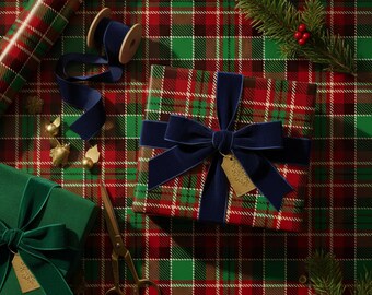 Preppy Plaid  Wrapping Paper Roll • Vintage Red Green Tartan Christmas Gift Wrap • Preppy Luxury Holiday Gift Wrap