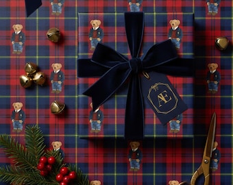 Preppy Plaid  Teddy Bear Wrapping Paper, Preppy Christmas Gift Wrap, Tartan Holiday Gift Wrap, Luxury Winter Packaging