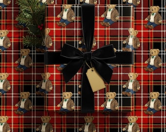 Preppy Plaid  Teddy Bear Wrapping Paper Roll, Vintage Tartan Christmas Gift Wrap, Preppy Luxury Holiday and Baby Gift Wrap
