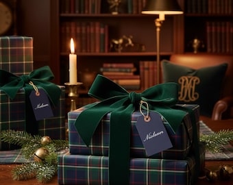 Preppy Plaid  Wrapping Paper Roll • Tartan Christmas Gift Wrap • Preppy Luxury Holiday Gift Wrap in Navy & Green