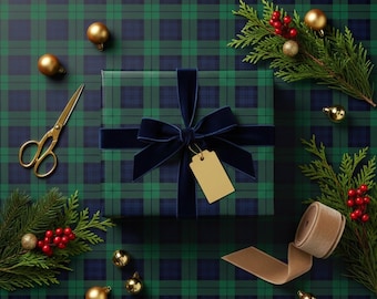 PreppyTartan Wrapping Paper, Navy Green Plaid Gift Wrap, Preppy Christmas Wrap, Holiday Present Paper, Classic Christmas