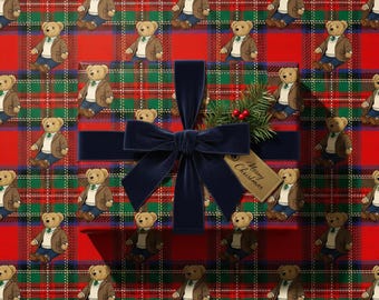 Preppy Plaid  Teddy Bear Wrapping Paper Roll, Vintage Tartan Christmas Gift Wrap, Preppy Luxury Holiday and Baby Gift Wrap
