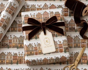 Christmas Village Wrapping Paper | Cozy Winter Town Gift Wrap | Vintage Holiday Houses Paper | Christmas Gift Wrap Roll