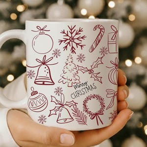 God Jul-mugg | Röd linjekonst-julkaffekopp | Keramisk mugg med julikon | Festlig julklapp