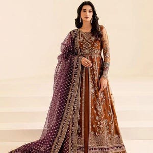 Rust Brown Embellished Pakistani Maxi Dress | Designer Dress | handmade | Custom Stitched