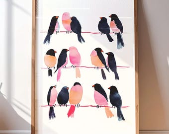 Watercolor Birds on Wire – Minimalist Wall Art Digital Poster A2 Printable
