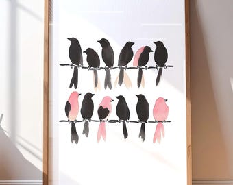 Watercolor Birds on Wire – Minimalist Wall Art Digital Poster A2 Printable