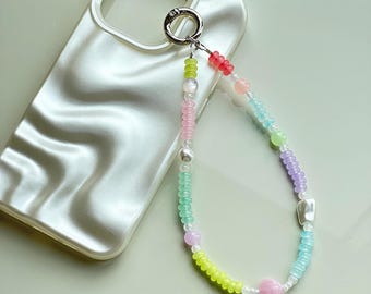 Adorno para teléfono con cuentas de arcoíris pastel / Accesorio kawaii de perlas sintéticas